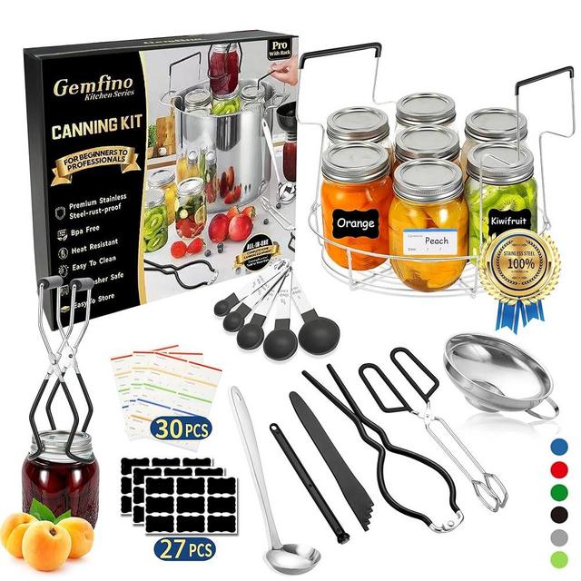 Gemfino Canning Supplies Starter Kit with Canning Rack,Canning Kit for Beginners 11 Pcs, Jar Lifter, Funnel, Wrench, Tongs, Lid Lifter, Bubble Popper, Labels, Ladle, Measuring Spoon - Black