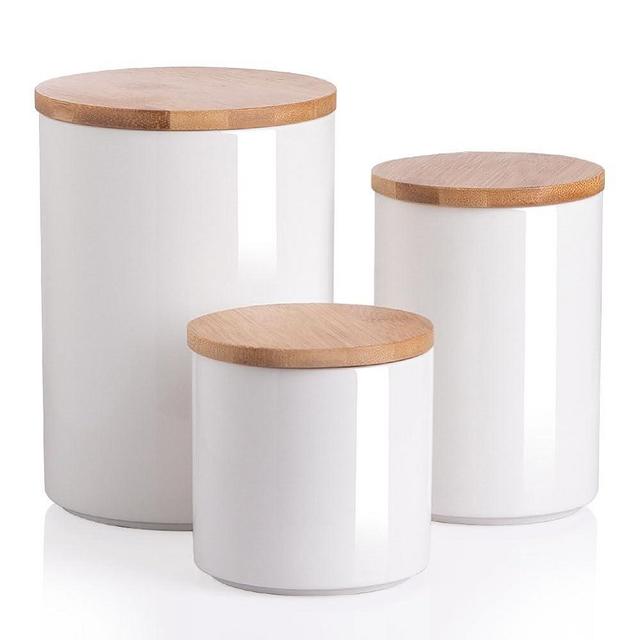 Sweejar Ceramic Canisters for Kitchen Counter,Stackable Food Containers Set with Airtight Seal Bamboo Lid for Serving Ground Coffee, Tea, Spice, Flour and Sugar-Set of 3 (White)