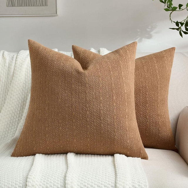 FUTEI Tobacco Chenille Throw Pillow Covers 18x18 Inch Set of 2,Luxuriously Soft Argyle Textured Cushion Cases,Modern Home Decor for Couch Living Room