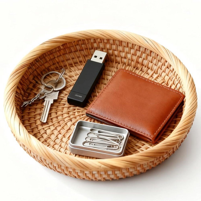 Handwoven Rattan Small Key Bowl - 7.6 Inch Round Catch All Tray for Keys,Coins, Wallet, Jewelry - Natural Wicker Organizer for Entryway, Desk, Nightstand
