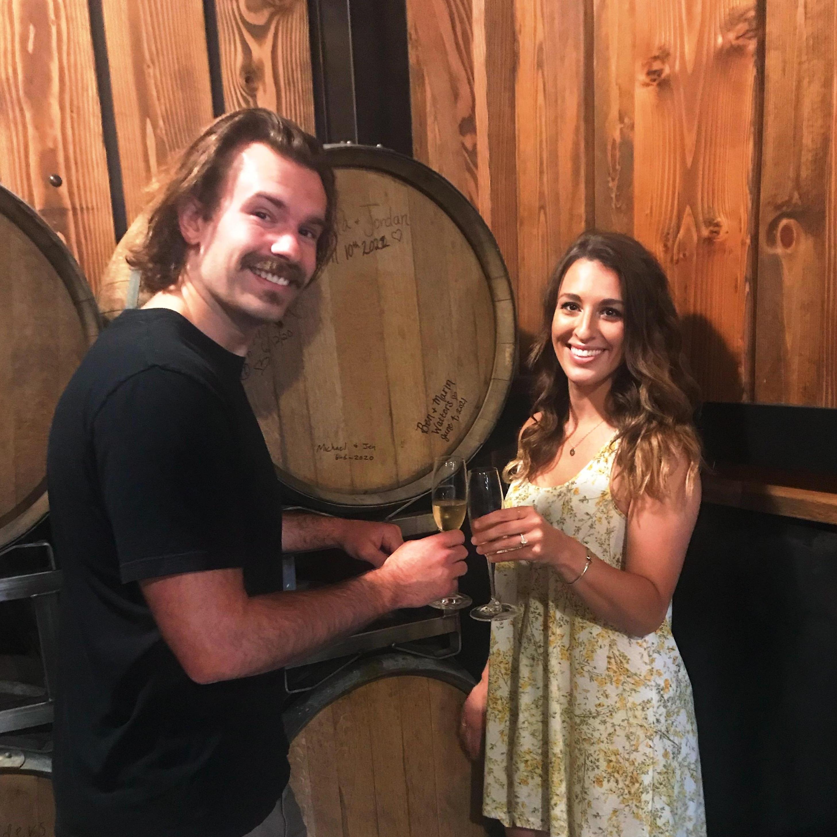 Signing the wine barrel at 7Vines