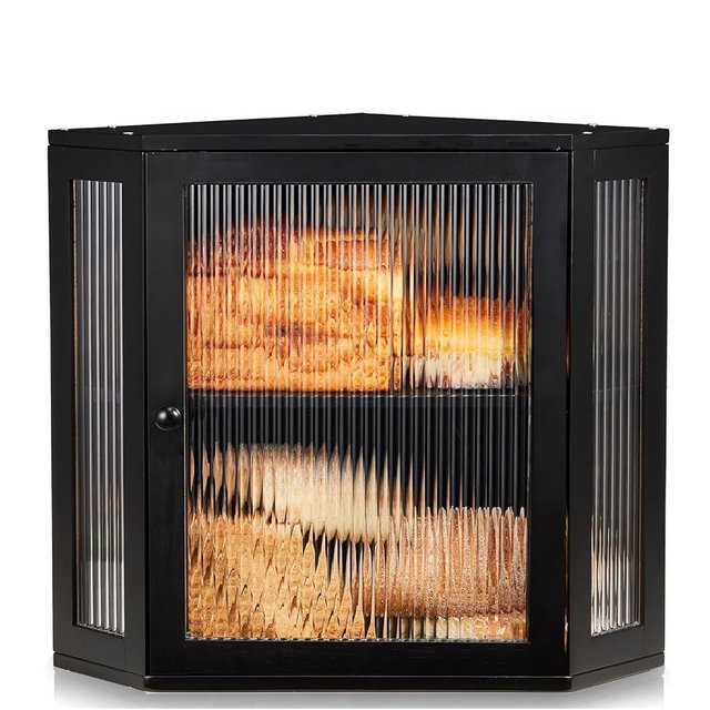 BRONYPRO Double Layer Corner Bread Box for Kitchen Counter with Height-adjustable Partition, Large Black Bamboo Wooden Bread Box for Multiple Loaves, Modern Breadbox for Kitchen Countertop