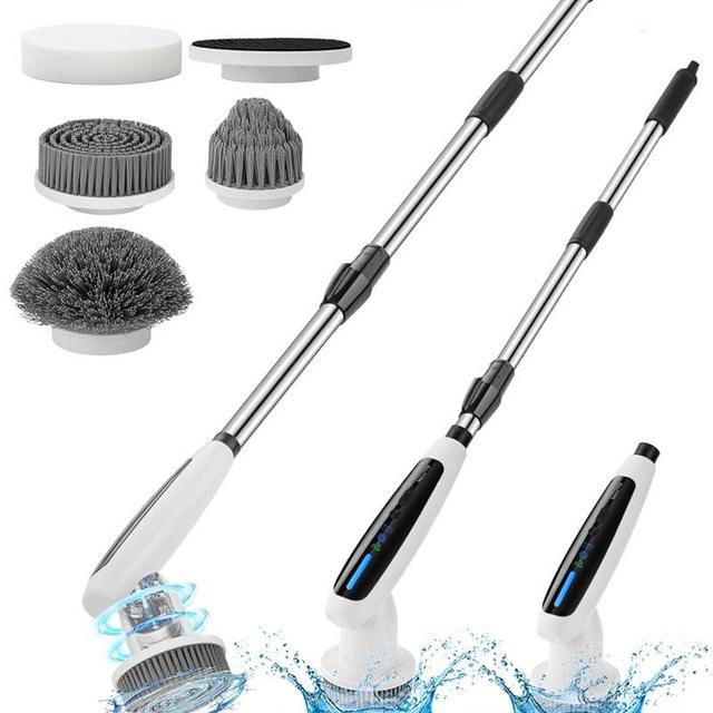 Electric Spin Scrubber,120 MIN Playtime cordless cleaning brush, 330 rpm for efficient cleaning, 7replaceable brush heads and 3 adjustable extension handles,suitable for home and bathroom floor(White)