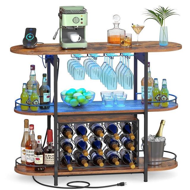 VASAGLE Bar Cabinet with LED Lights and Power Outlets, Freestanding Coffee Bar Wine Cabinet, Wine Rack, Glass Holder, Mini Bar for Liquor and Glasses, Kitchen, Dining Room, Rustic Brown ULWR007K01S