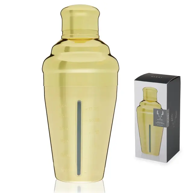 Viski Gold Measured Cocktail Shaker, 14 oz, Measured Gold Plated Stainless Steel Shaker With Strainer