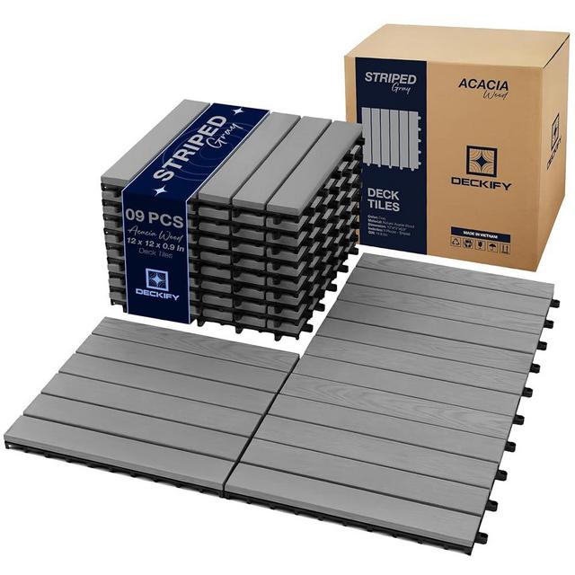 DECKIFY 9Pcs Acacia Wood Interlocking Patio Deck Tiles, 12 x 12 x 0.9 Inch Outdoor Flooring, Waterproof for All-Weather Use – Striped, Gray