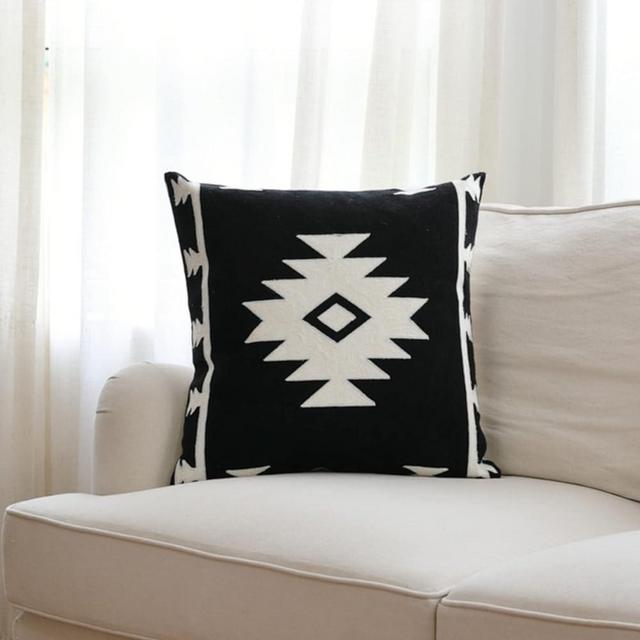 IKATYARN Black White Aztec Embroidery Throw Pillow Cover, Boho Tribal Geometric Pillowcase, Modern Farmhouse Cushion Case for Couch Sofa Bed, 16"x16"
