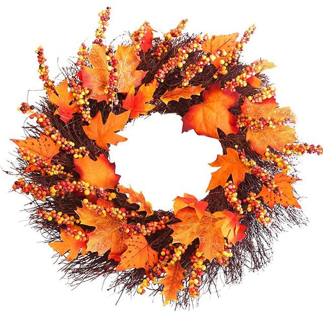 Fall Wreath, 18 inch Front Door Wreath, Christmas Wreath with Maple Leaf and Berry, Halloween Easter Wreath for Front Door, Ideal for Autumn & Halloween & Thanksgiving Day, Indoor Outdoor (yellow)