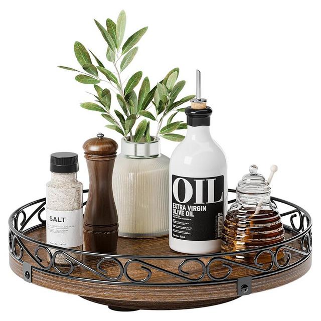 Yoobure 10" Lazy Susan Turntable for Cabinet - Farmhouse Wooden Round Tray for Table Top, 360° Rotating Lazy Susans Counter Organizer with Patterned Raised Edge for Kitchen Decor, Rustic Brown