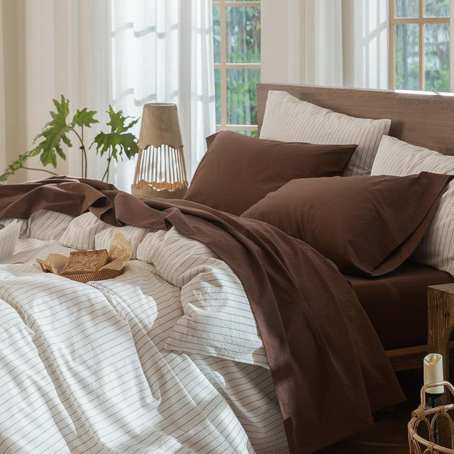 MooMee Bedding Sheet Set 100% Washed Cotton Linen Like Textured Breathable Durable Soft Comfy (Solid Cocoa Brown, Full)