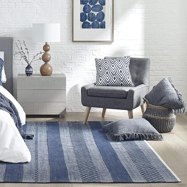Fab Habitat Machine Washable Area Rug - Hand Woven, Stain Resistant, Pet Friendly - Premium Recycled Polyester Yarn - Shadow Stripes - Kitchen, Bathroom - Mir - Blue - 2 x 3 ft