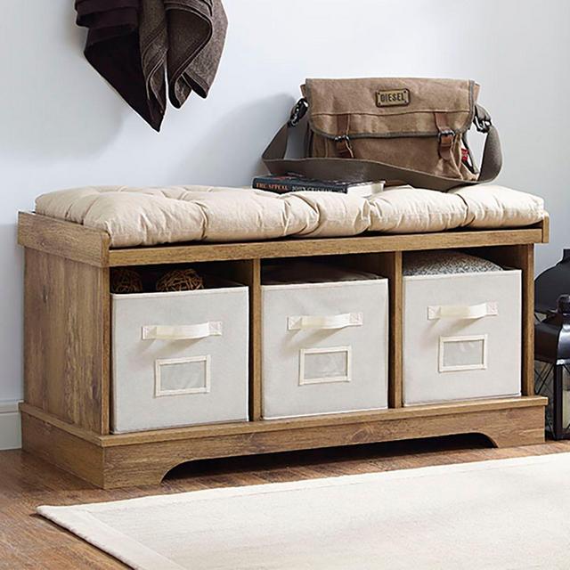 Forest Gate 42" Contemporary Wood Storage Bench with Totes and Cushion in Barnwood