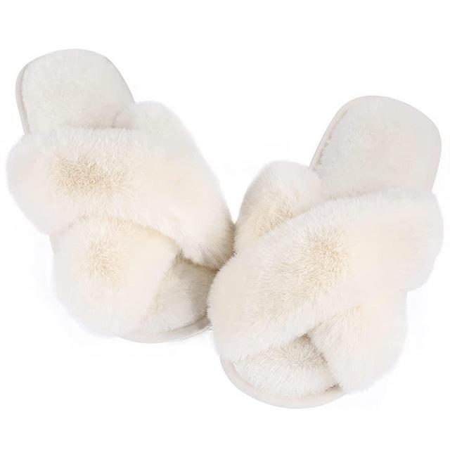 Womens Fuzzy Fluffy House Slippers - Ankis Cross Band Cozy Memory Foam Slippers Plush Home Slippers Fluffy Furry Open Toe House Shoes Indoor Outdoor Slide Slipper
