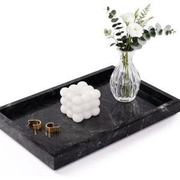 Marble Bathroom Tray for Countertop & Home Decor, Natural Decorative Marble Tray for Jewelry & Perfume Organizer, Luxury Stone Vanity Trays for Dresser, Kitchen Counter, 12" x 8", Gray Black