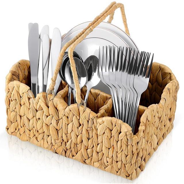 ZUNKNOD Wicker Utensil Caddy Basket, Utensil Holder for Party Flatware Silverware Holder Hand Woven Divided Cutlery Basket Water Hyacinth Kitchen Organizer Storage with Handle for Countertop