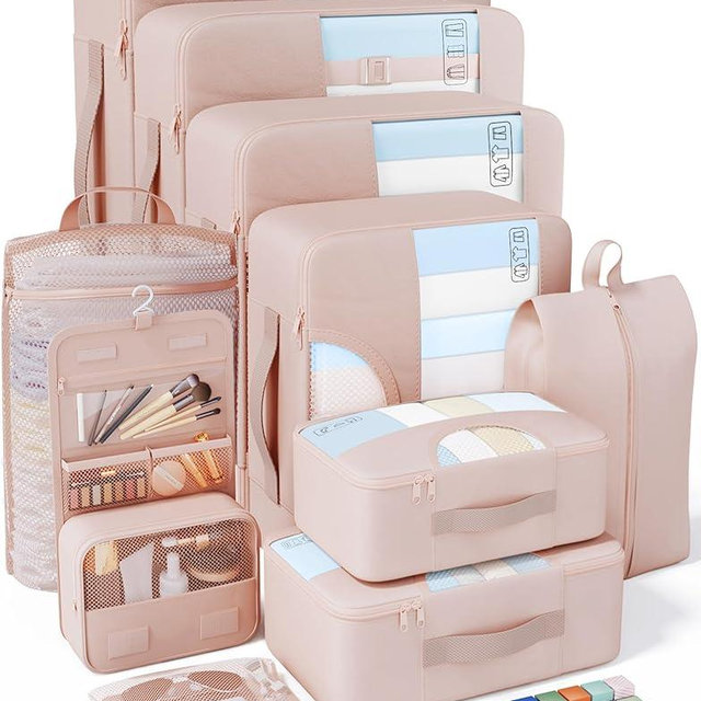 Veken 10 Set Packing Cubes for Travel, Beach Vacation Essentials Accessories for Cruise Ship, Suitcase Organizer Bags for Luggage with Hanging Toiletry & Shoe Bag, Birthday Gifts for Women Mom Her