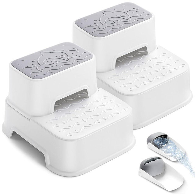 MangoHood 2 Step Stools for Kids - Double up Toddlers Stool Multifunctional Toilet Stepping Stool for Kids Anti-Slip Step Stool for Bathroom Sink, Potty Training, Kitchen (White-2Packs)