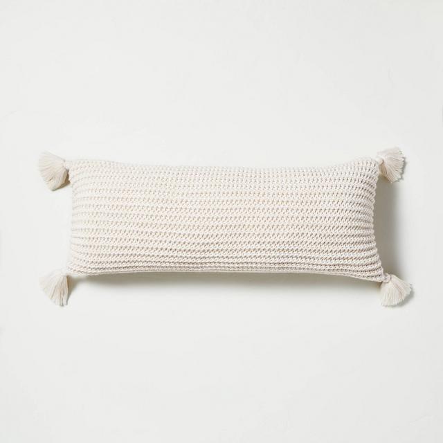 12" x 30" Chunky Knit Tassel Throw Pillow Heather Oatmeal - Hearth & Hand™ with Magnolia