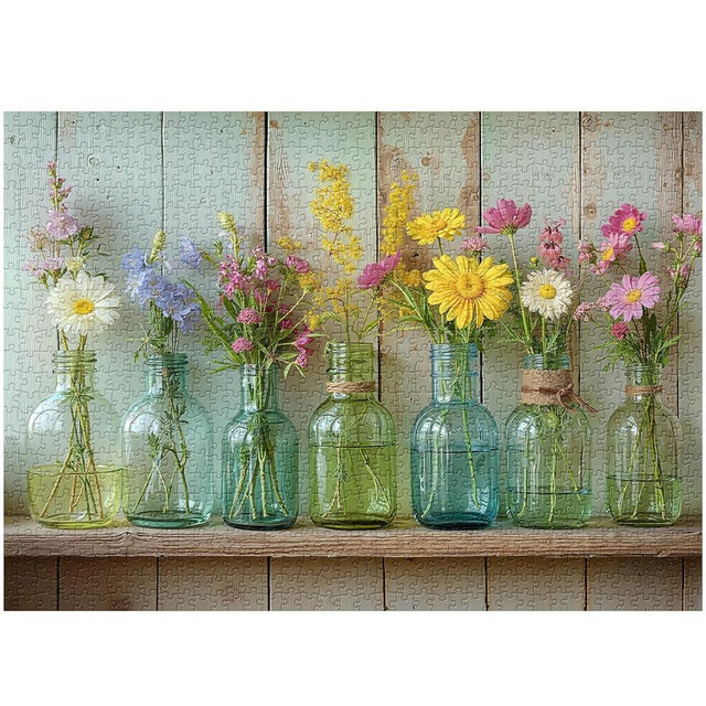 Wildflower 1000 Piece Puzzle for Adults, PICKFORU Whispering Blooms Summer Flower Garden Jigsaw Puzzle, Challenging Retro Vibrant Sunflower Vase Theme as Home Decor