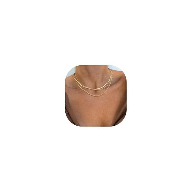 Freekiss Herringbone Necklace for Women,Dainty Gold Necklace,14k Gold Plated Snake,Gold Chain Choker Necklaces,Simple Gold Layered Necklaces,Gold Jewelry Gift for Women