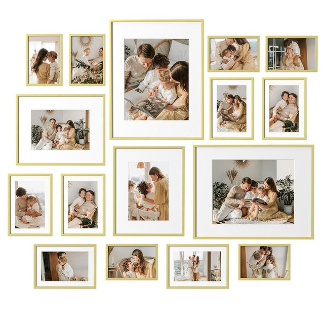eletecpro Aluminum Gallery Wall Frame Set of 16, Including 2Pcs 11x14, 2Pcs 8x10, 6Pcs 5x7, 6Pcs 4x6 Photo Frames for Wall or Tabletop Display, Multiple Sizes Picture Frames Collage Wall Decor, Gold