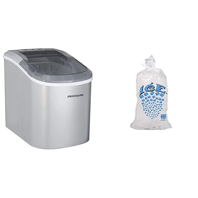 Frigidaire EFIC189-Silver Compact Ice Maker, 26 lb per Day, Silver & Perfect Stix Icebag10TT-50 Ice Bag with Twist Tie Enclosure, 10 Lbs (50/Pk) (Pack of 50)