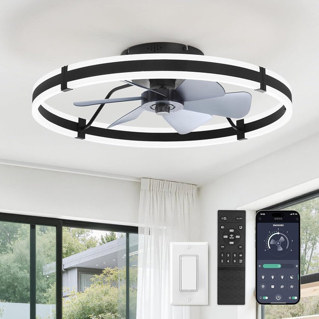 ZMISHIBO 24 Inch Ceiling Fans with Lights and Remote, Modern Low Profile Ceiling Fan, 3000-6000K Dimmable Flush Mount LED Fan Light, 6 Wind Speeds, Fandelier Ceiling Fans for Bedroom- Black