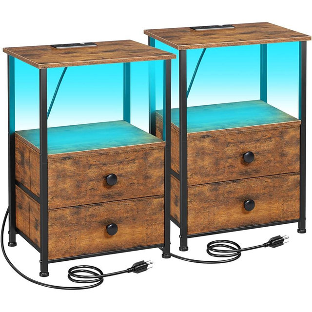LOAKEKEL Night Stand Set 2, LED Nightstand with Charging Station, End Tables with Storage Shelf for Small Space, Bedside Table with 2 Fabric Drawers for Bedroom, Brown HETS02PQBR