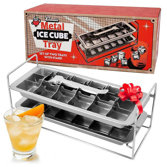 Captain Cranberry Stainless Steel Double Ice Cube Trays with lever and Stand (11", 36 cubes), Classic Metal Ice Cube Trays for Freezer, Non Toxic, Plastic Free, Dishwasher safe