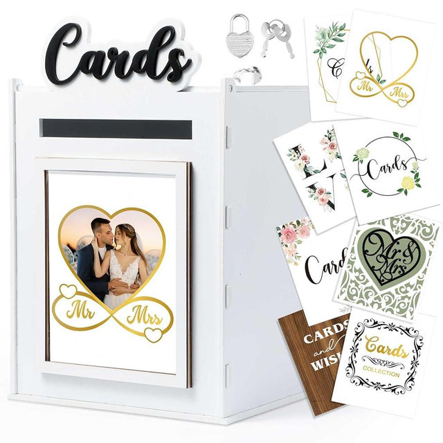 MotiMind White Wedding Card Box with Lock Key - 8 Swappable Event Cards - DIY Insert Frame - Rustic Wooden Wedding Card Box for Engagement Reception Anniversary Decorations, 11 x 7.5 x7 inch