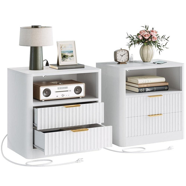 IRONCK Fluted Night Stand Set of 2, Modern Nightstand with Charging Station, Drawers and Open Shelves - Bedside Table Wood Side Table Set for Bedroom, White