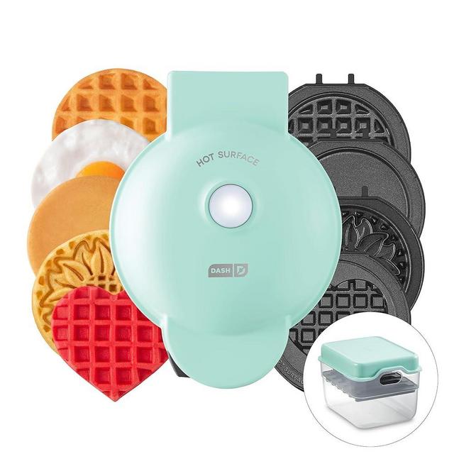 DASH Multimaker Mini System - Waffle Maker with Six 4” Removable Plates & Storage Case: Waffle Iron & Griddle, 4-in-1 Mini Waffle Maker for Kids and Families – Nonstick Surface, Just Add Batter (Aqua)