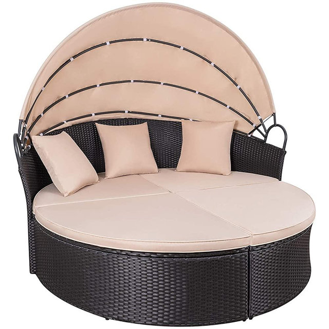 KaiMeng Patio Furniture Round Outdoor Daybed with Retractable Canopy Wicker Rattan Sectional Sofa for Lawn Garden Backyard Pool (Beige)