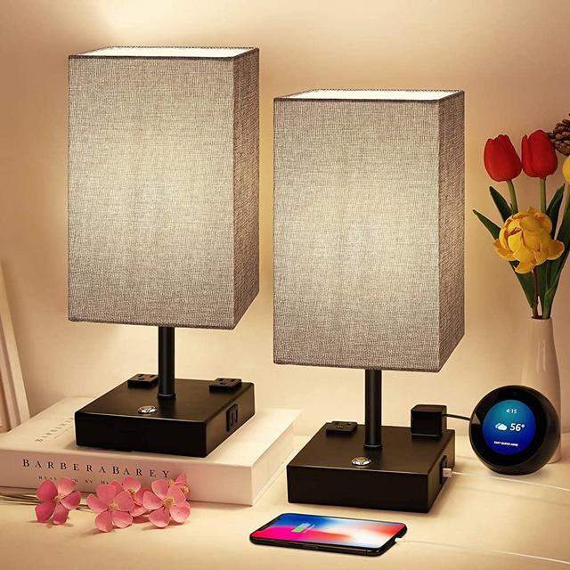 Bedside Lamp, 3 Way Dimmable Touch Control Table Lamp with 2 USB Charging Ports 2 AC Outlet, Nightstand Lamp with Grey Fabric Shade Bedroom Lamp for Bedroom Set of 2 for Living Room, Reading, Office
