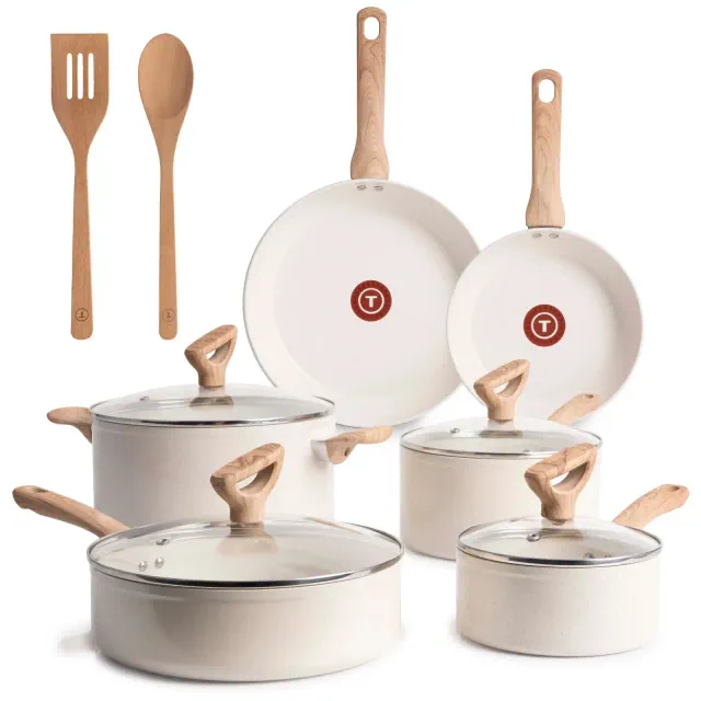 T-fal 12pc Ceramic Nonstick Cookware Set, Revive Ceramic, Beige