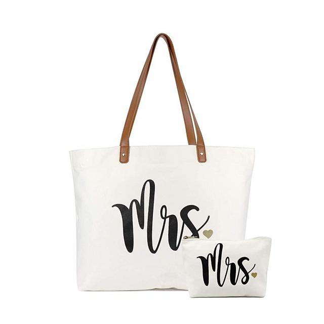 Bride Tote Bag with Makeup Bag, Gifts for Engagement / Bridal Shower / Bachelorette / Wedding Party Canvas White