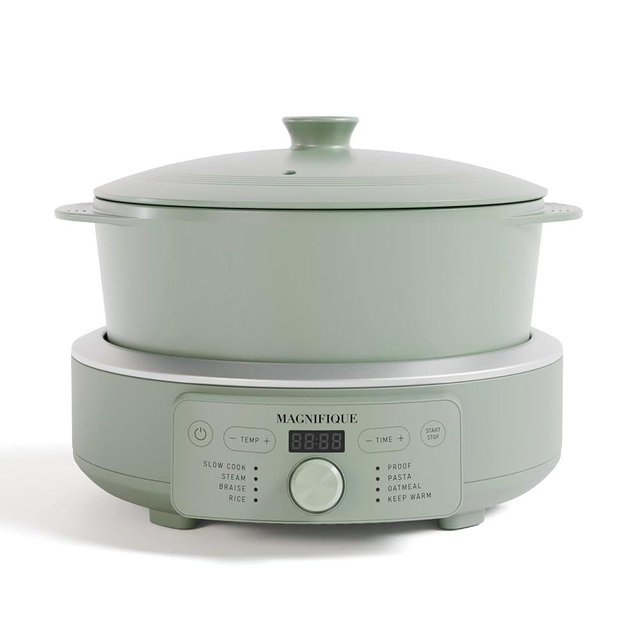 MAGNIFIQUE Slow Cooker, 4.5 Quart 8-in-1 Clay Pot Multi-Cooker, Non-Toxic Slow Cooker with Removable Clay Pot, for Rice, Pasta, Steam & Proof, Nonstick, Oven Safe Pot to 500°F, Olive