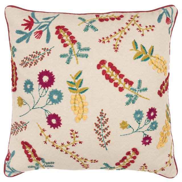 20"x20" Oversize Floral Square Throw Pillow Cover Beige - Rizzy Home: Bohemian Style, Cotton Canvas, Hidden Zipper Closure