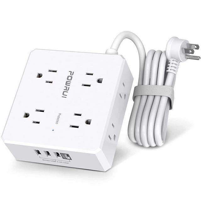 Power Strip with 6 Feet - POWRUI 8 Widely Surge Protector Outlets with 4 USB Ports, 3 Side Outlet Extender with 6 Feet Extension Cord, Flat Plug, Wall Mount, Desk USB Charging Station, ETL ,White