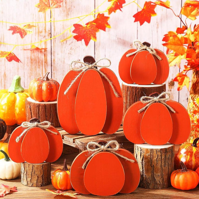 Thyle 5 Pcs Autumn Pumpkin Decor Fall Wooden Signs Autumn 3D Pumpkin Decor Fall Tabletop Decorations Rustic Farmhouse Tiered Tray Decorations for Home Block Sign Halloween Table Centerpieces