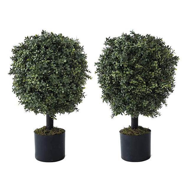 CAPHAUS Artificial Boxwood Topiary Ball Tree Set of 2, Artificial UV Resistant Bushes, Faux Potted Tree, Plant in Pot with Dried Moss, Fake Shrubs for Indoor, Front Porch, Outdoor, w/Green Leaves