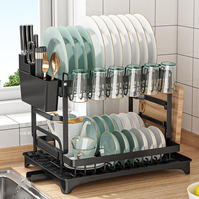 Dish Drying Rack, Multifunctional Dish Rack, Rustproof Kitchen Dish Drying Rack with Drainboard, Space-Saving 2-Tier Dish Drying Rack with a Large Capacity for Kitchen Counter Black
