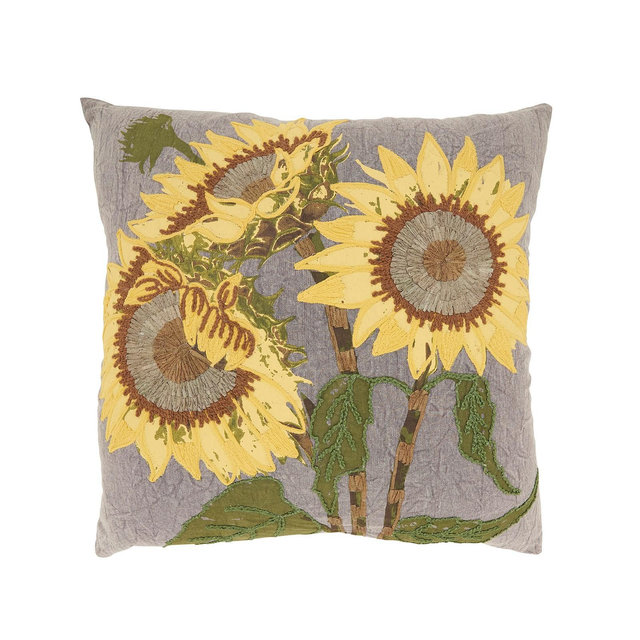 Saro Lifestyle Embroidered Sunflower Poly Filled Decorative Pillow, 20" x 20"