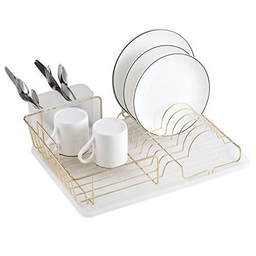 Buruis Dish Drying Rack, Gold Dish Drainer Organizer Includes Removable Drain Board and Utensil Holder, Large Capacity Dish Racks for Kitchen, Transparent Drain Board