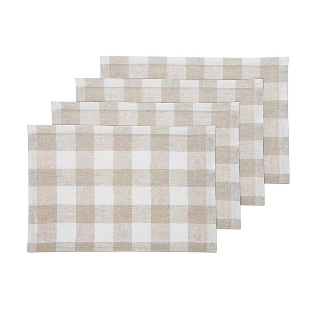 Solino Home Buffalo Check Linen Placemats 14 x 19 Inch – 100% Pure Linen Tablemats Natural and White – Set of 4 Plaid Placemats for Spring, Easter, Summer, Dining – Handcrafted from European Flax