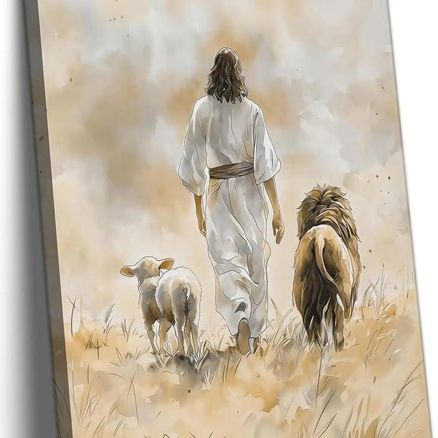 Jesus and Lamb Canvas Wall Art Decor, Lion and Lamb Dove Wall Art, Christian Bible Stories Canvas Wall Art, Modern Religious Prints Artwork for Christian Church Prayer Room Living Room Bedroom 12x16in