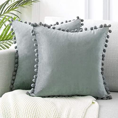 Top Finel Decorative Throw Pillow Covers 18 x 18 Inch Soft Particles Velvet Solid Cushion Covers with Pom-poms for Couch Bedroom Car 45 x 45 cm, Pack of 2, Grey
