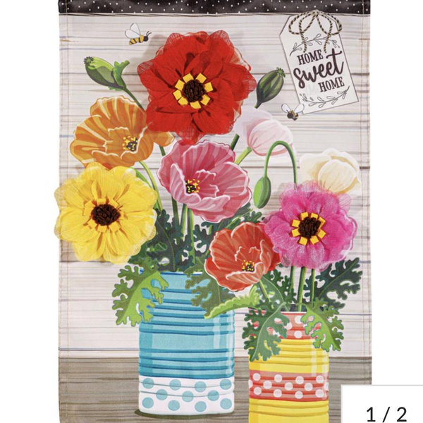 Poppies and Painted Cans Applique Garden Flag