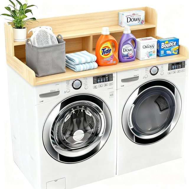 NAT MEYA 2-Tier Washer and Dryer Countertop, 54" W x 27.6" D Laundry Room Organization,Washer Dryer Topper Storage for Folding Clothes Over Washer and Dryer-Oak