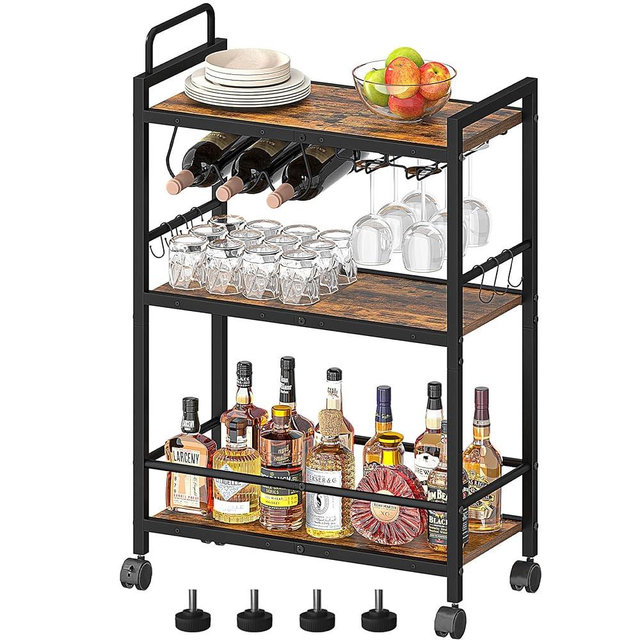 Homedawn Bar Cart, Serving Cart for Home, Microwave Cart, Drink Cart, Mobile Kitchen Shelf with Wine Rack and Glass Holder, Rolling Beverage Cart for Dining Room(Rustic Brown and Black)